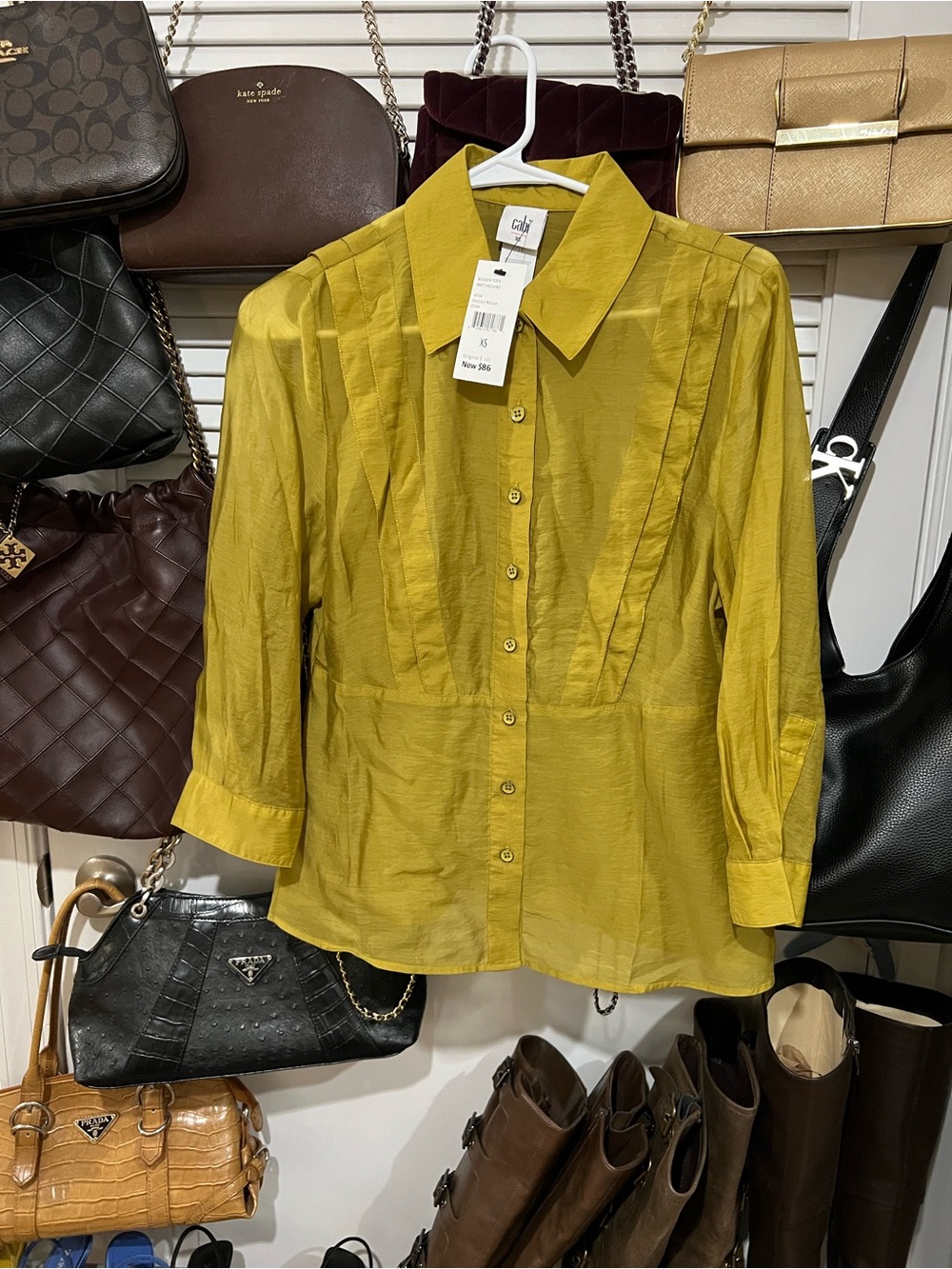 New Cabi Portrait Blouse Olive Woven Collared Button-Up Sleeve Sheer Pleat Small